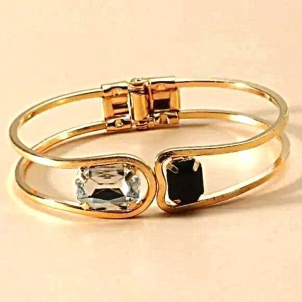 Gold Tone Gemstone Cuff Bracelet Clear & Black Crystal Stone Hinged Bangle